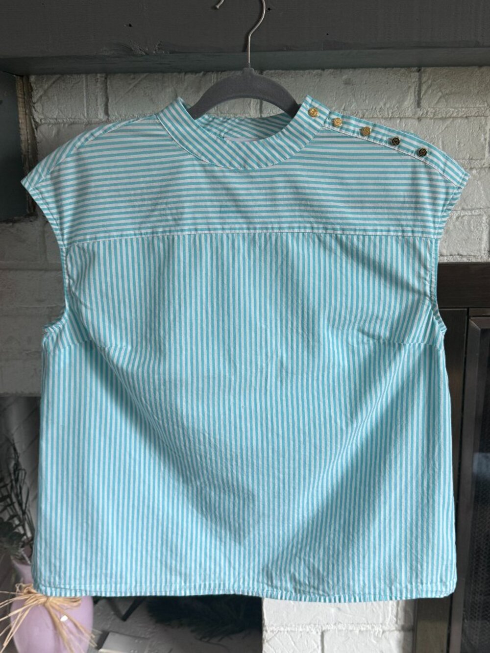 Liz Claiborne Aqua White Stripe Cotton Mock Neck Top Gold Button Medium